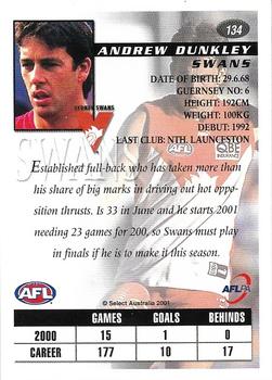 2001 Select AFL Authentic #134 Andrew Dunkley Back